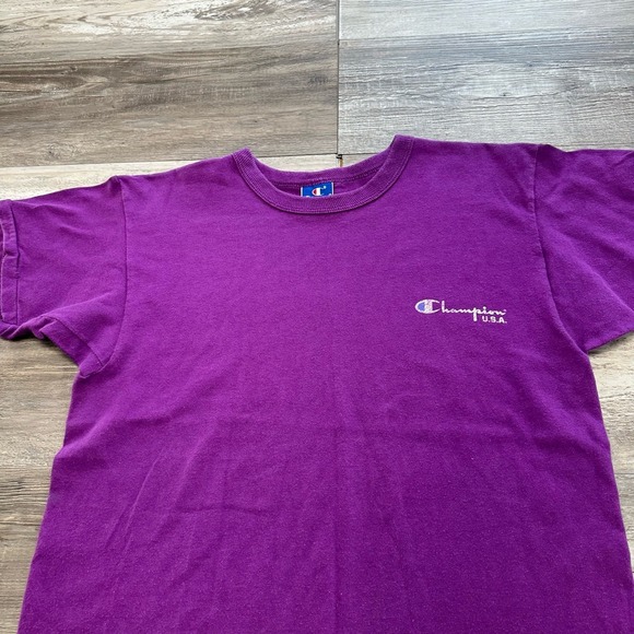 Vintage Champion Purple Mens L‎ Crewneck Plain Blank Brand Logo T-Shirt 90s - Picture 2 of 9